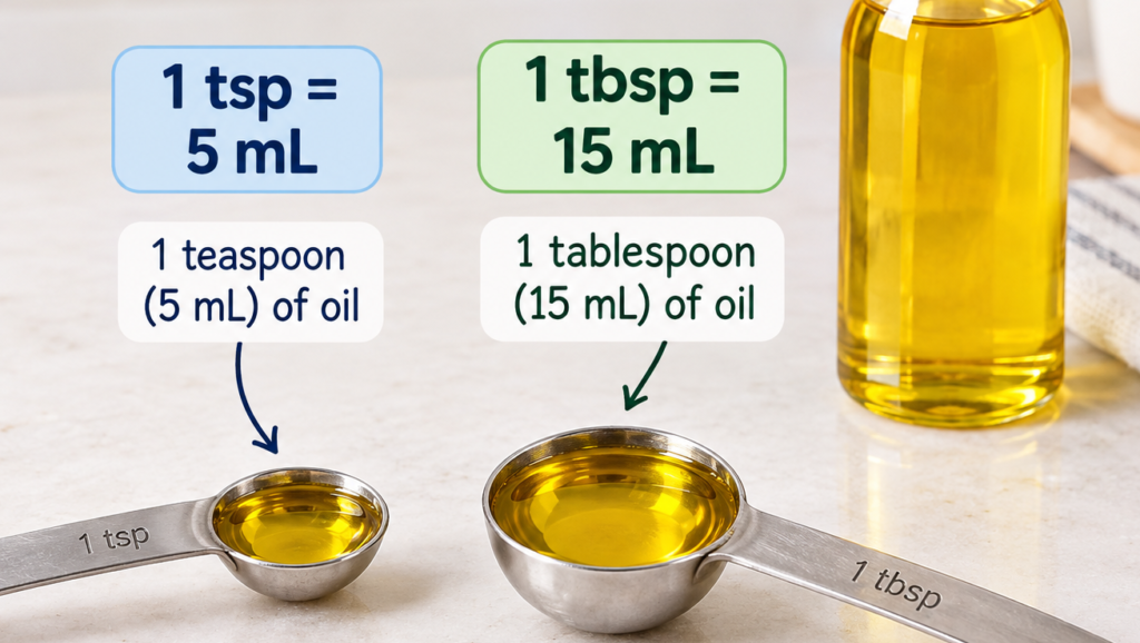 Teaspoon and tablespoon measuring cooking oil for accurate calorie tracking