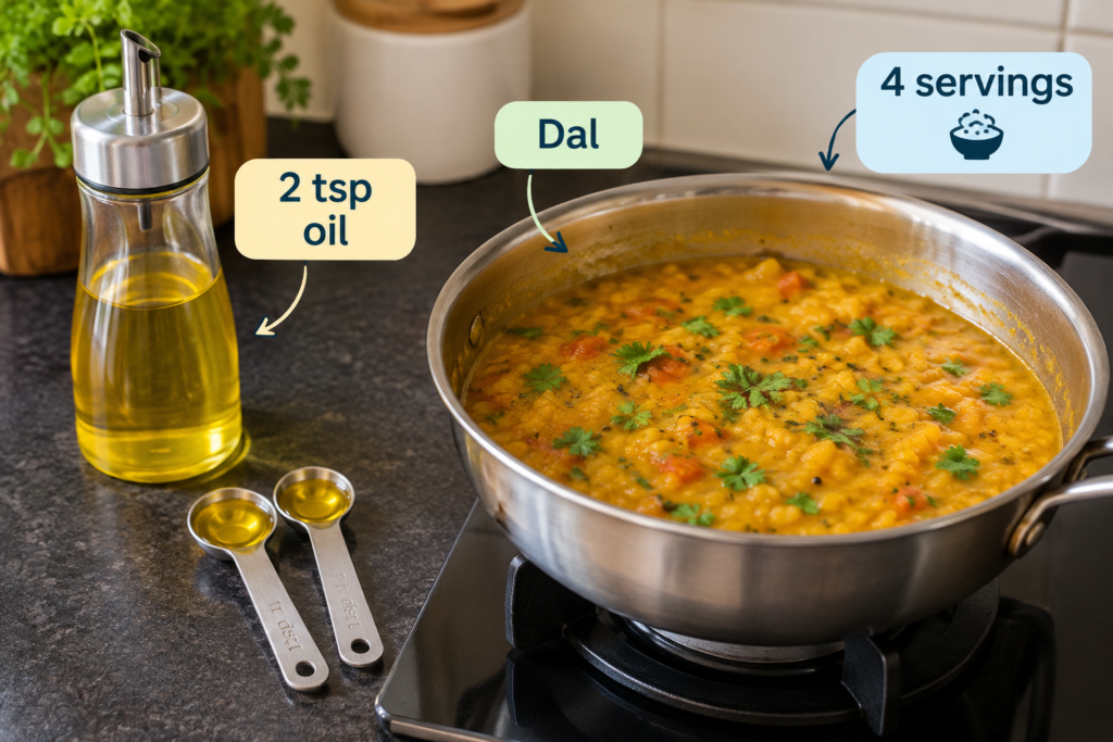 Measured cooking oil used to prepare homemade Indian dal